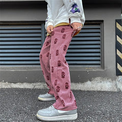 Gothic Skull Full Print Casual Drawstring Baggy Men Tracksuit Pants Corduroy Straight Sweatpants Male Hip Hop Long Trousers voguable