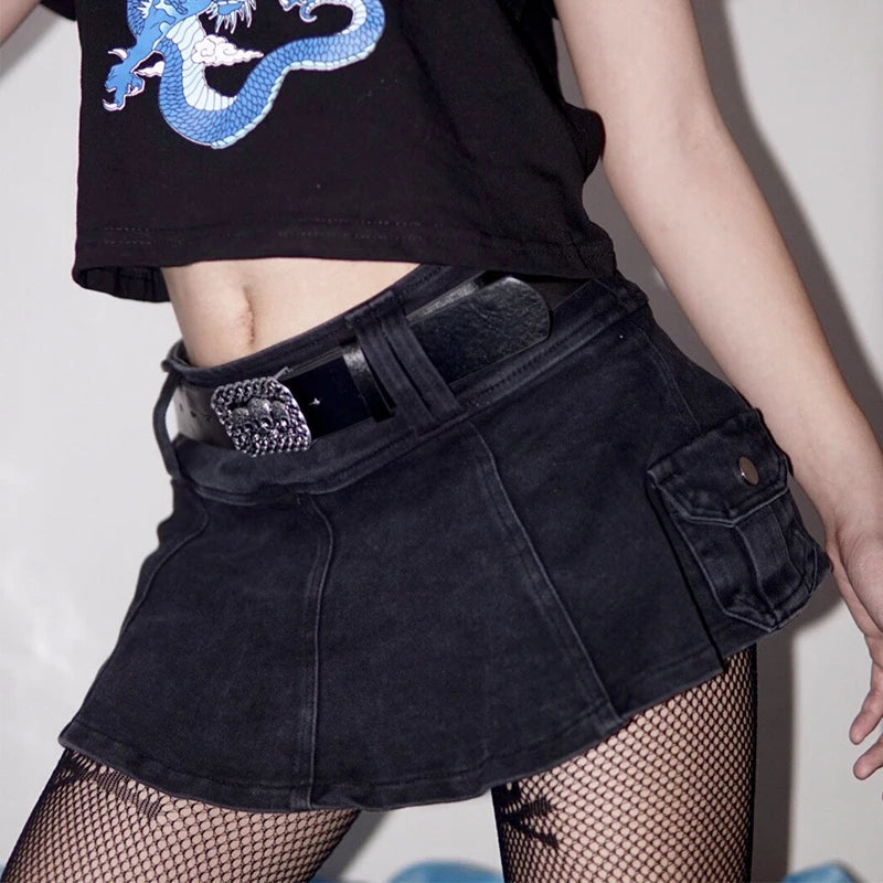 Harajuku Y2k Denim Skirt Women Dark Gothic Streetwear Mini Skirt with Skull Belt Mall Goth Punk Grunge Sexy Emo Clubwear voguable