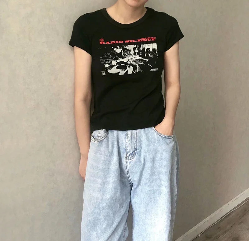 Women "Radio Silence" Print Front Short Sleeve T-shirt Crop Top voguable