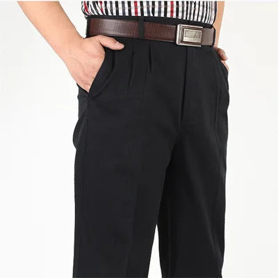 Straight Loose Casual Pants Men Pleated Classic Basic High Waist Thick Autumn 100% Cotton Black Office Trousers 42 44 46 voguable