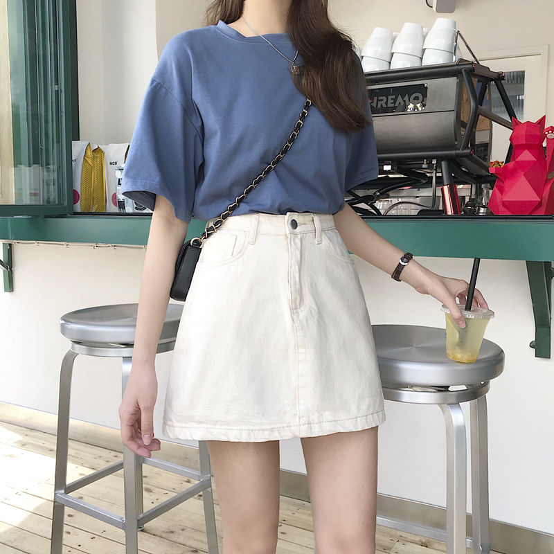 Voguable Denim Skirts Womens Summer Solid White Black Basic High Waist Short Skirt Femme A-line Women Elegant Students School Sundress voguable