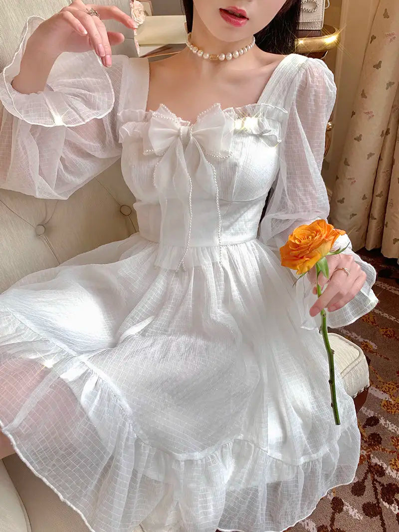 Voguable French Sweet Fairy Lolita Dress Women Long Sleeve Lace Y2K Mini Dress Vintage Kawaii Clothes One Piece Dress Autumn voguable