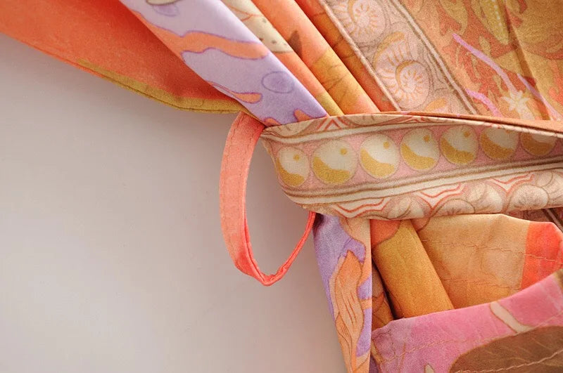 Voguable Bohemia Orange Mermaid Flower Crane Print Long Kimono Shirt Ethnic Lacing up Sashes Long Holiday Cardigan Loose Blouse Tops voguable