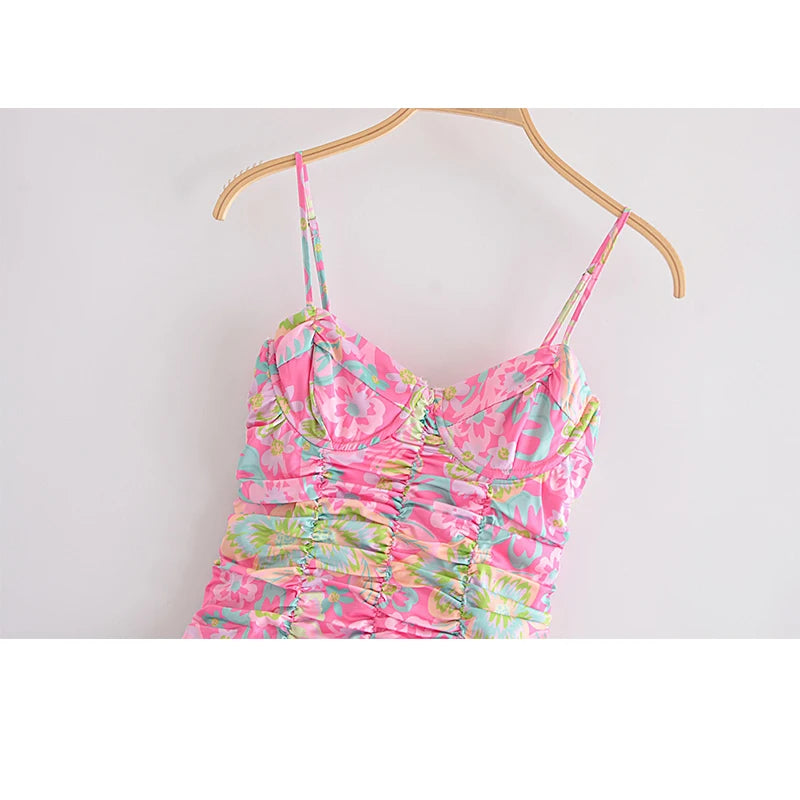 Voguable Romantic Women Fashion Backless Flower Print Sling Sexy Dress Ladies Draped Bodycon Mini Club Party Dress Summer Robe voguable