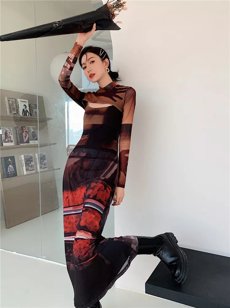 2 Piece Mesh Long Sleeve Punk Dress Women Turtleneck Long Midi Bodycon Ladies Dress Runway Fashion Designer Clothes voguable