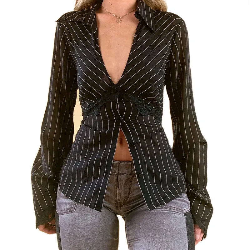 Striped Shirts Women Lace Trim Deep V Neck Single Breasted Flared Sleeve Cardigan Blouses Tops y2k Clothing Streetwear voguable