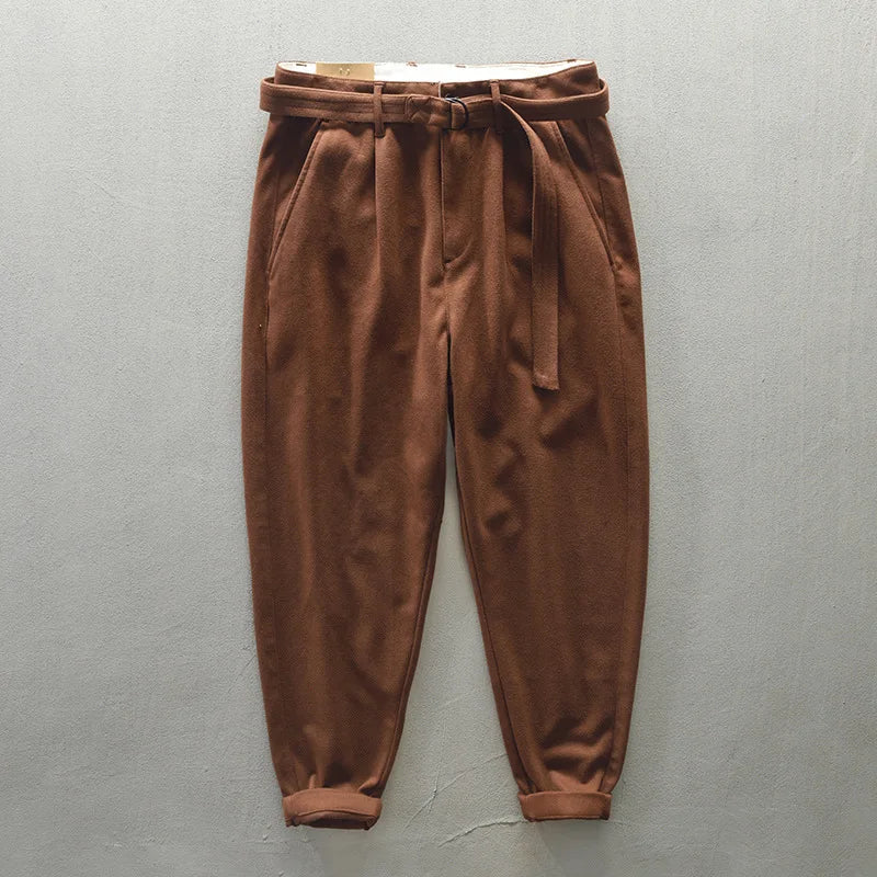 Cotton Thicken Winter Men Casual Pants Brown Japan Korea Style  Loose Belt Trousers Baggy Pants Men Winter Autumn voguable