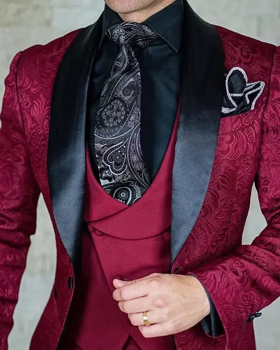 Tailor-Made Burgundy Wedding Men Suits Slim Fit Tuxedo 3 Pieces Suits Groom Prom Jacquard Blazer Terno Masculino Suits voguable