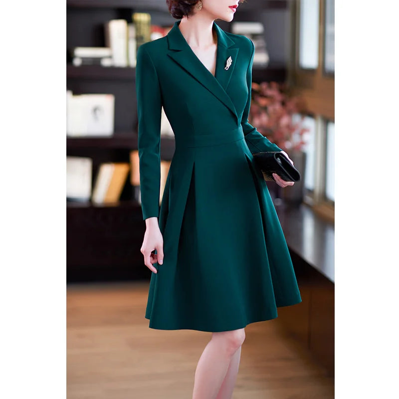 Spring Autumn Women Elegant Blazer Dress Long Sleeve V Neck Slim A Line Midi Dresses Office Ladies Work Formal Clothes Oversized voguable