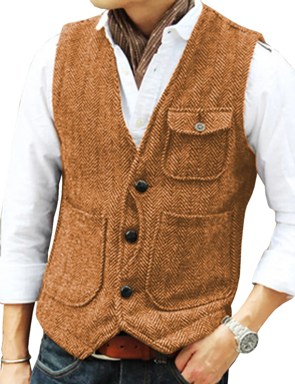 Men's Vest Brown Herringbone Wool Tweed V Neck Single Breasted Retro Tooling Vest Male Gentleman Business Waistcoat For Wedding voguable