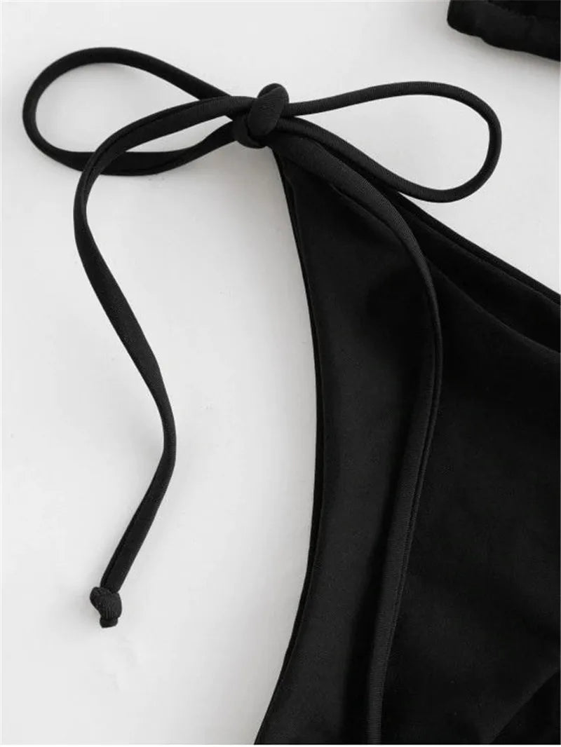 Voguable Sexy Micro Bikini Women Solid Black Push Up Padded Thong 3 Piece Swimsuit Summer Bathers Bathing Suit Mini Swimwear Biquini voguable