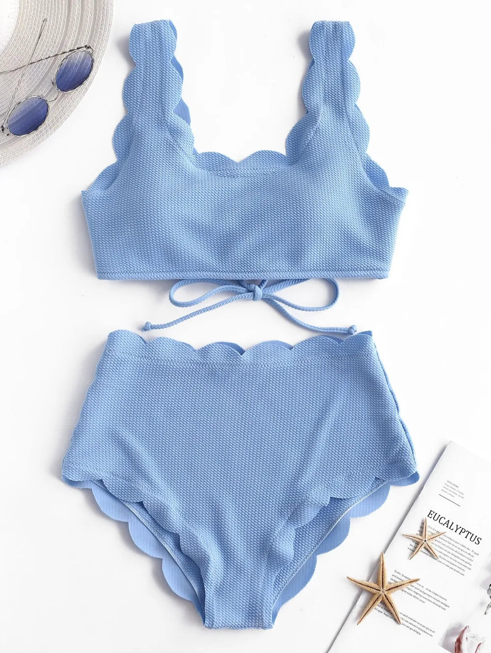 Voguable Solid Blue Two Pieces Swimsuit Bathing Suits Bikini Women Scalloped Textured High Waisted Bikini Set Lace Up Bathing Suits XXL voguable