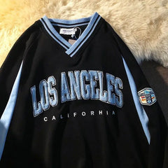 Voguable Retro Baseball V-neck Letter Embroidery Sweatshirt Women Harajuku Hoodie 2021New Brand Fashion Overszied Tops Teens Girls Casual voguable