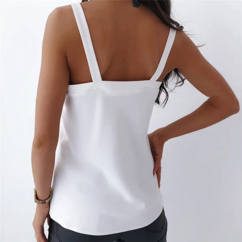 Sexy V-Neck Sleeveless Blouse Shirt  New Lady Off Shoulder new Blouse Women Elegant Solid Loose Hollow Out Top Summer voguable