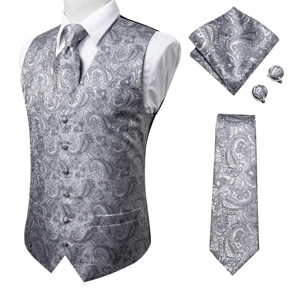 Hi-Tie Pink Green Paisley Silk Dress Vest Set For Men Dark Blue Jacquard Mens Suit Vest Male Waistcoat For Wedding Formal Jacket voguable