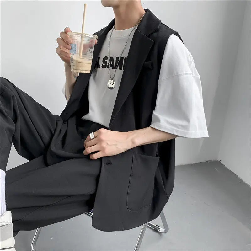 Voguable Spring Suit Vest Men's Fashion Gray Black Dress Jacket Men Suit Jacket Korean Loose Business Society Men Blazer Vest M-2XL voguable