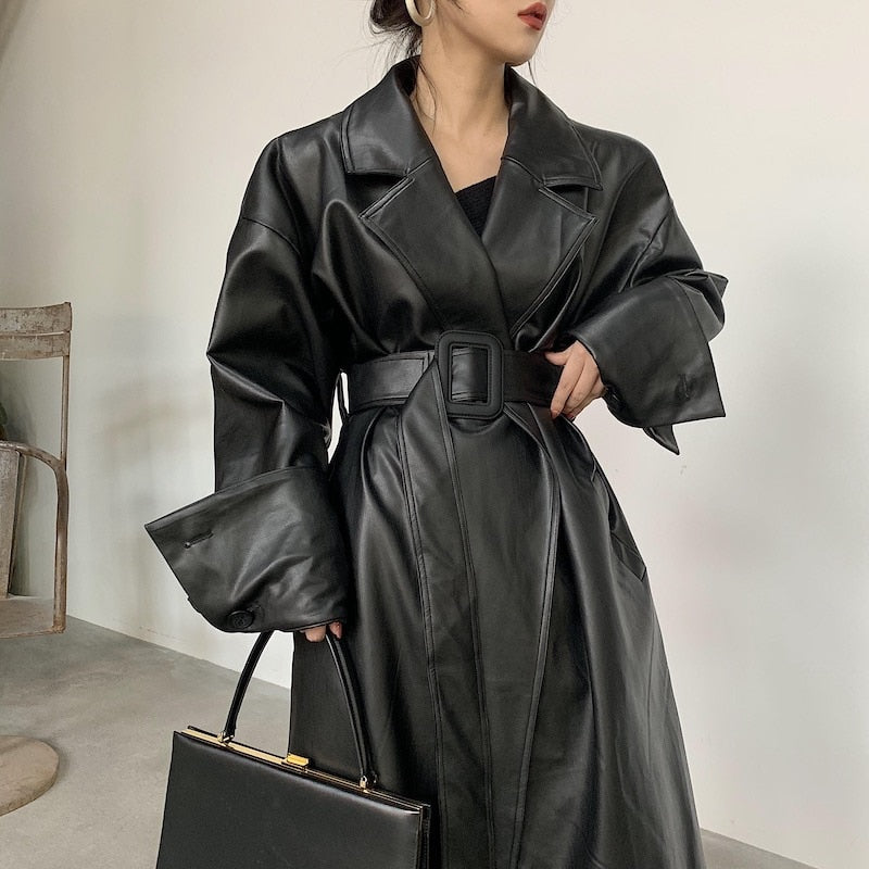 Long oversized leather trench coat for women long sleeve lapel loose fit Fall Stylish black women clothing streetwear voguable