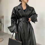 Long oversized leather trench coat for women long sleeve lapel loose fit Fall Stylish black women clothing streetwear