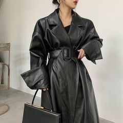 Long oversized leather trench coat for women long sleeve lapel loose fit Fall Stylish black women clothing streetwear voguable