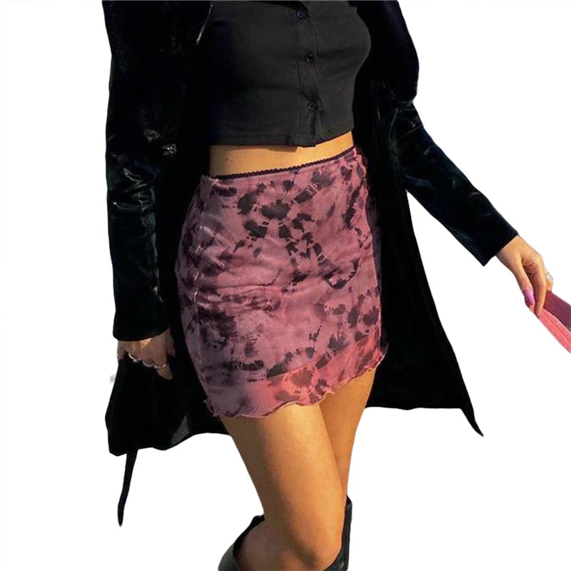 Women Mini Skirt Summer Sheer Tie-dye Print High Waist Mesh Bodycon Skirt with Lining y2k Clothes E Girl Streetwear voguable