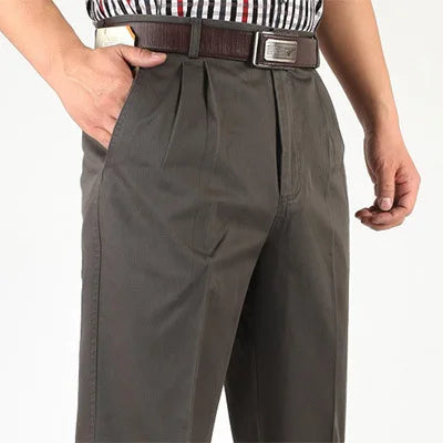 Straight Loose Casual Pants Men Pleated Classic Basic High Waist Thick Autumn 100% Cotton Black Office Trousers 42 44 46 voguable
