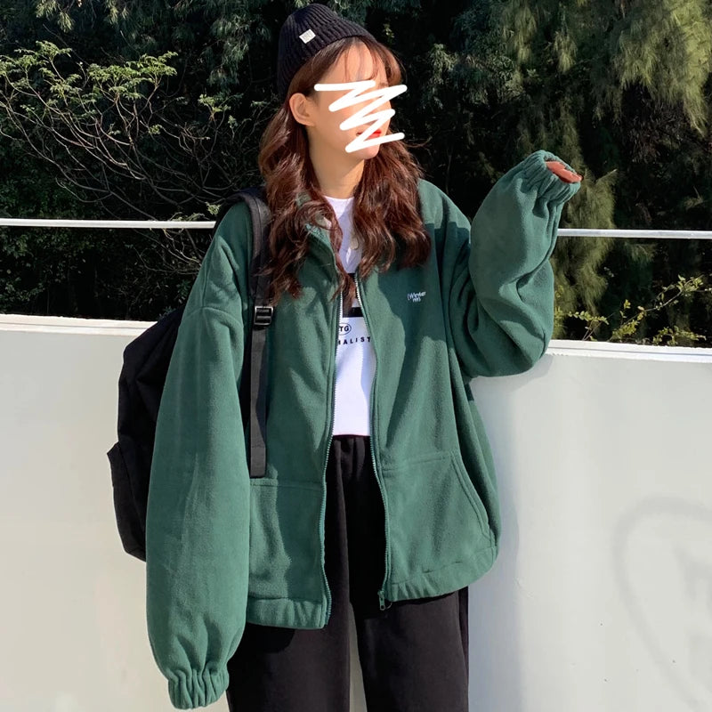 Hoodies Women Zip-up Turn-down Collar Printed Pocket Long Sleeve Korean Style New Trendy Casual BF Ulzzang Harajuku Womens Daily voguable
