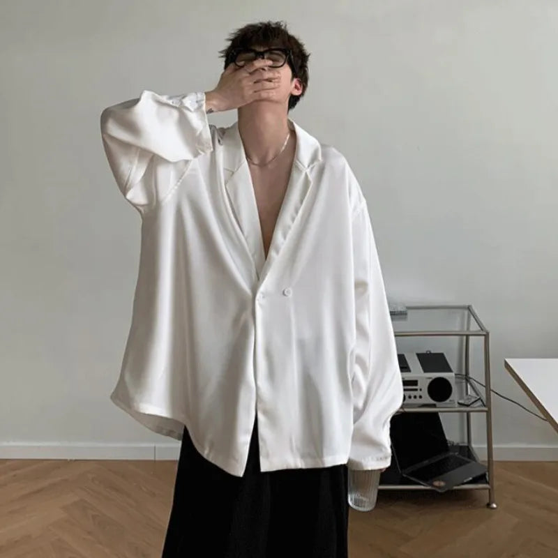 Voguable Summer Black White Silk Blazer Men's Fashion Business Society Men Suit Jacket Korean Loose Casual Dress Jacket Men M-XL voguable