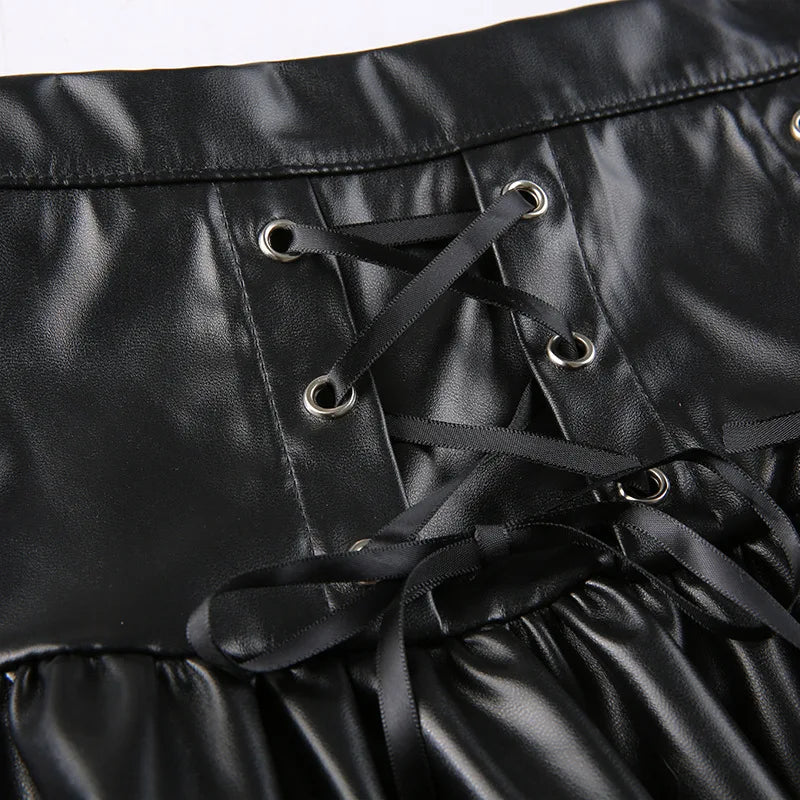 Mall Goth Punk PU Skirt Women Dark Gothic Vintage Bandage High Waist Lolita Skirt Harajuku Streetwear Emo Alt Clubwear voguable