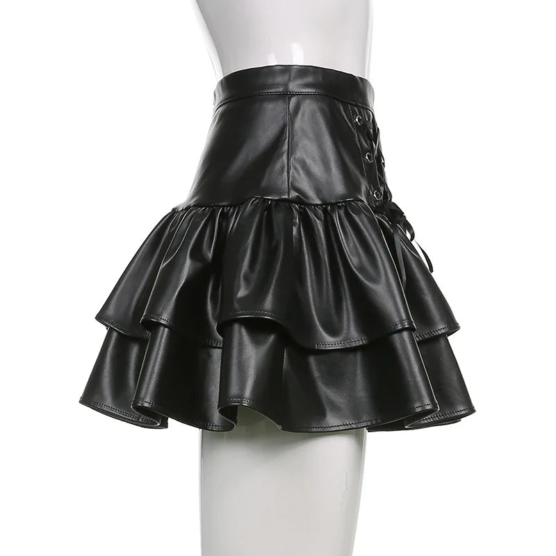 Mall Goth Punk PU Skirt Women Dark Gothic Vintage Bandage High Waist Lolita Skirt Harajuku Streetwear Emo Alt Clubwear voguable