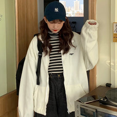Hoodies Women Zip-up Turn-down Collar Printed Pocket Long Sleeve Korean Style New Trendy Casual BF Ulzzang Harajuku Womens Daily voguable