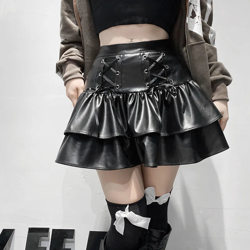 Mall Goth Punk PU Skirt Women Dark Gothic Vintage Bandage High Waist Lolita Skirt Harajuku Streetwear Emo Alt Clubwear voguable