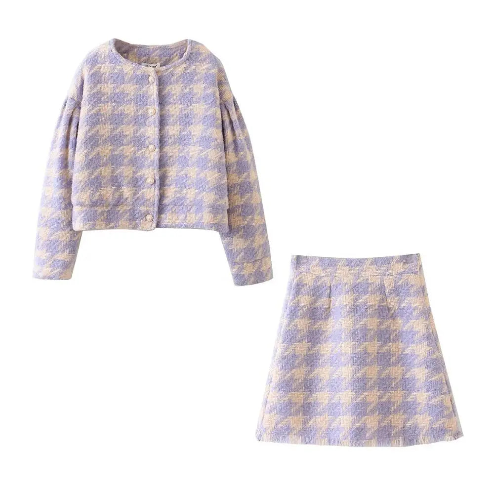 Voguable Vintage Sweet Women Pearl Button Check Gingham Plaid Blazer High Waist A line Mini Short Skirts Long Sleeve Suits 2 Pieces Set voguable