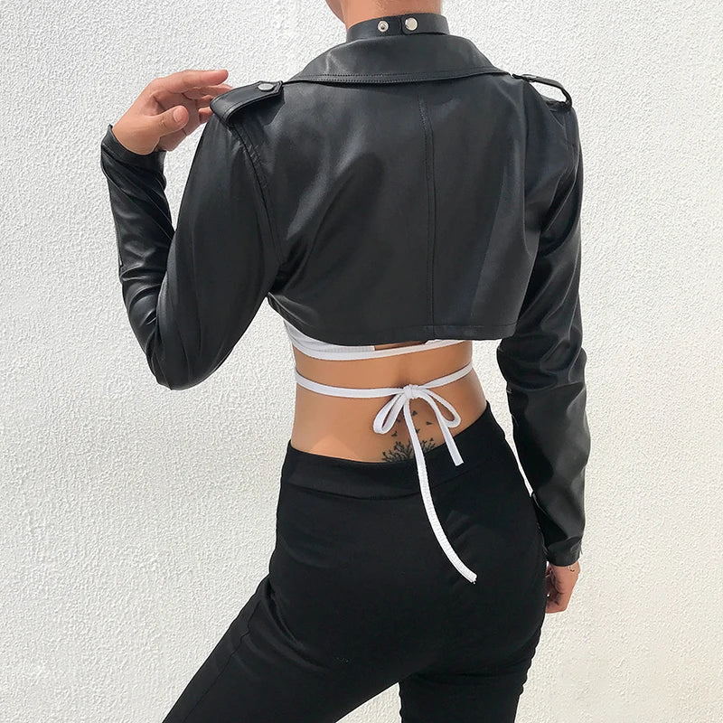 Voguable  Black PU Leather Crop Jacket Street Wear Punk Style Women Coats Long Sleeve Turn-Down Zipper Short Jacket Fashion voguable