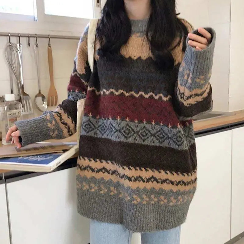 Vintage Sweaters Women Pullover Winter Striped Jumpers Korean Style Loose Pullover Knitwear Casual Loose Sweater Pull Femme voguable