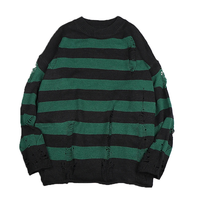 Black Stripe Sweaters Destroyed Ripped Sweater Men Pullover Hole Knit Jumpers Men Oversized Sweatshirt Harajuku Long Sleeve Tops voguable