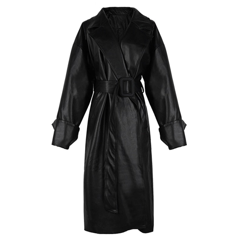 Long oversized leather trench coat for women long sleeve lapel loose fit Fall Stylish black women clothing streetwear voguable