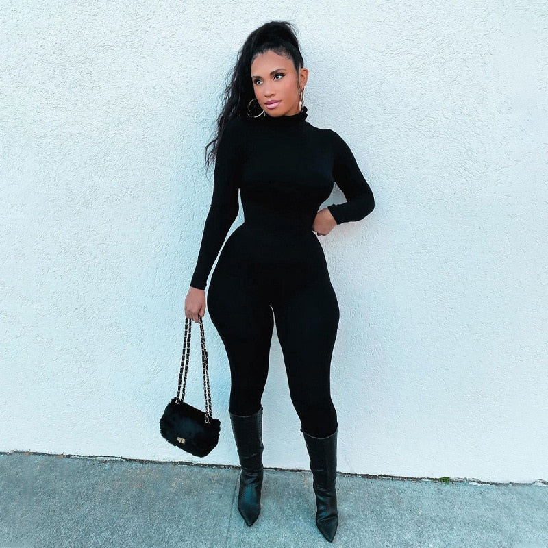Voguable spring outfits 2022 Long Sleeve Solid Turtleneck Skinny Bodycon Jumpsuit Autumn Winter Women Fashion Streetwear Casual Romper voguable