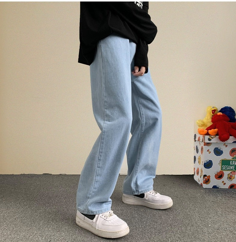 Voguable  Autumn New Streetwear Baggy Jeans Men Korean Fashion Loose Straight Wide Leg Pants Male Brand Clothing Black Light Blue voguable