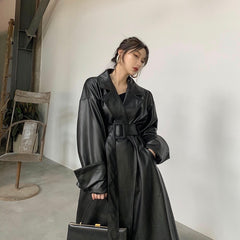 Long oversized leather trench coat for women long sleeve lapel loose fit Fall Stylish black women clothing streetwear voguable