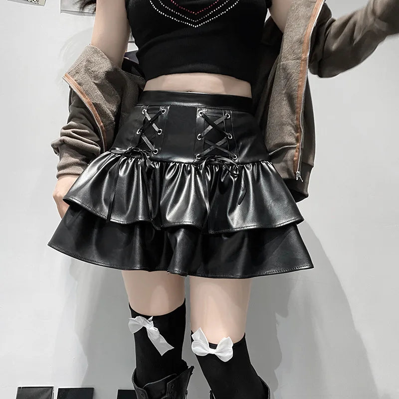 Mall Goth Punk PU Skirt Women Dark Gothic Vintage Bandage High Waist Lolita Skirt Harajuku Streetwear Emo Alt Clubwear voguable