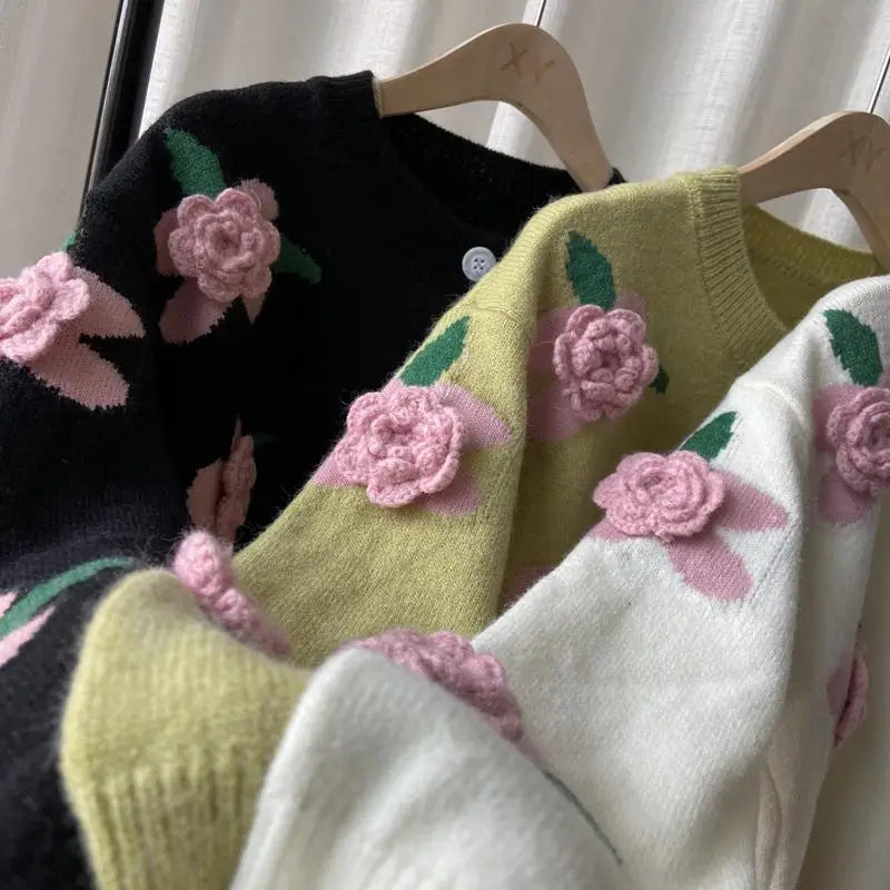 Woman Sweater 2021 Autumn and Winter New Retro Knit Sweater Female Rose Flower Embroidery Contrast Loose Sweater Coat Cardigan voguable