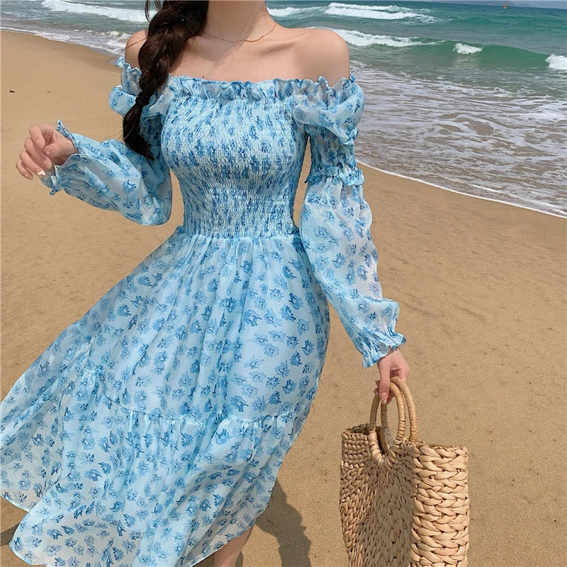 Voguable Design Floral Dress Women Summer Puffer Sleeve Beach One Piece Dress Korean Elegant Vintage Dress Female Chic Square Collar voguable
