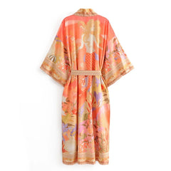Voguable Bohemia Orange Mermaid Flower Crane Print Long Kimono Shirt Ethnic Lacing up Sashes Long Holiday Cardigan Loose Blouse Tops voguable