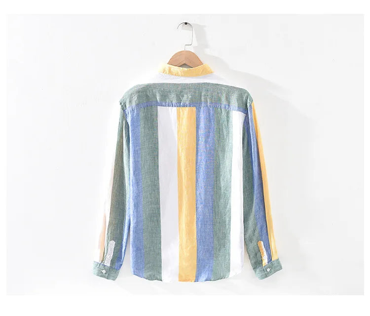 Voguable Spring and Autumn Striped Linen Shirts for Men Pure Linen Made Breathable Comfortable Long Sleeve Loose Men Clothing voguable
