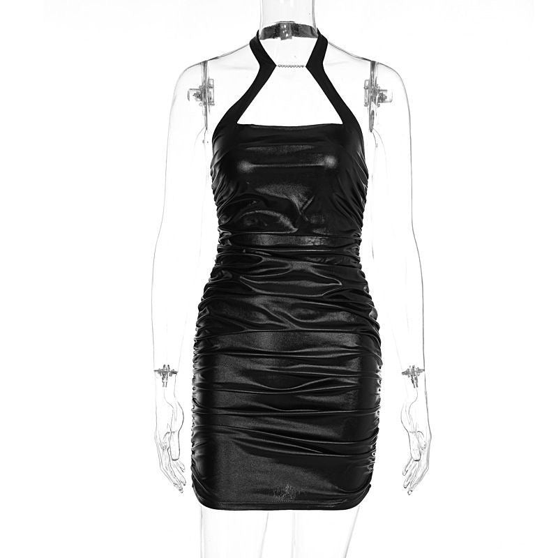 Voguable Pu Leather Solid Halter Sleeveless Masonry Draped Backless Mini Dress  Spring Slim Elegant Street Party Outfits Y2K voguable
