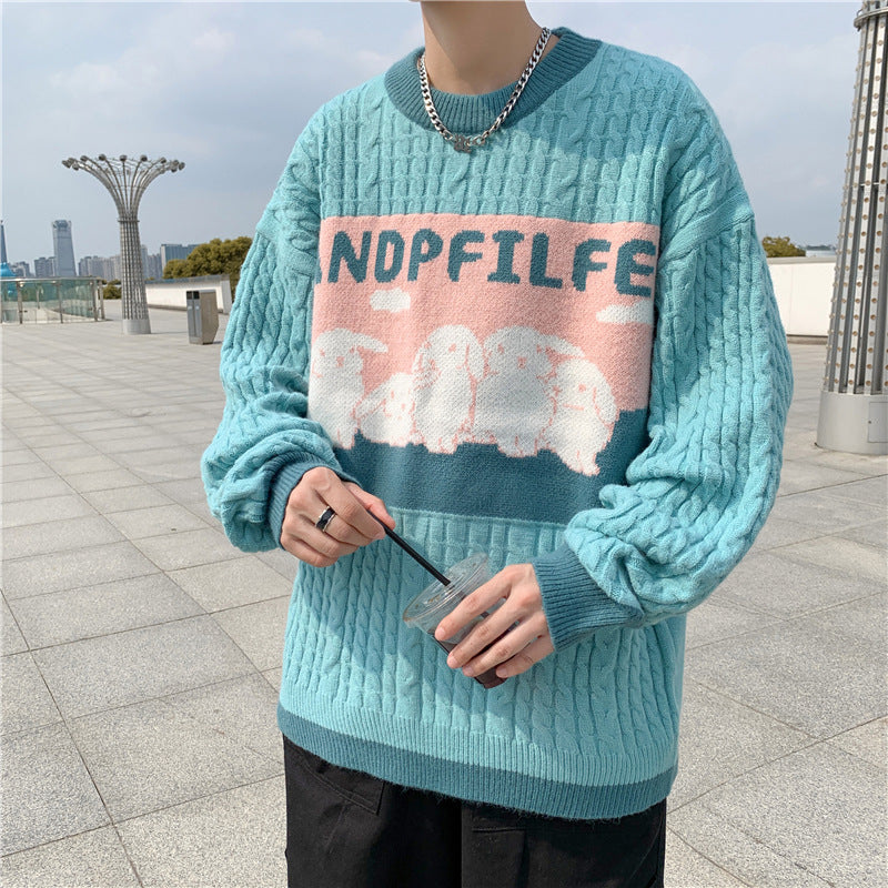 Voguable Harajuku Knitted Sweaters Cartoon Sheep Pullovers Men Hip Hop Streetwear Sweater Male Autumn Winter Loose Pullovers voguable