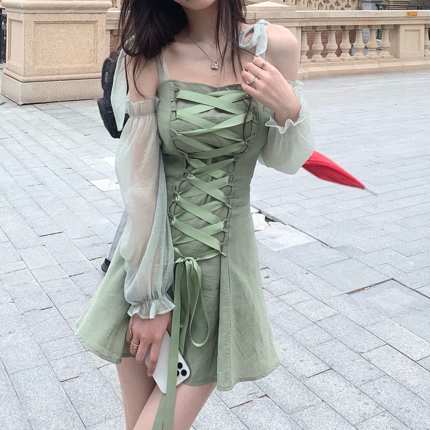 Bomblook 2021 Solid Charmeuse Bandage Backless Sleeveless Shirring Lace-up Dress Summer Women Woods Elves Style Streetwears voguable