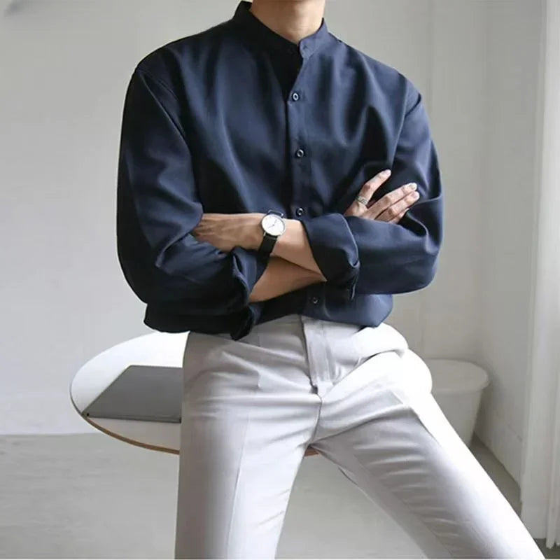 Men Spring Autumn Fashion Stand Collar Solid Shirts Men Long Sleeve Business Casual Shirts Male New Loose Blouses voguable