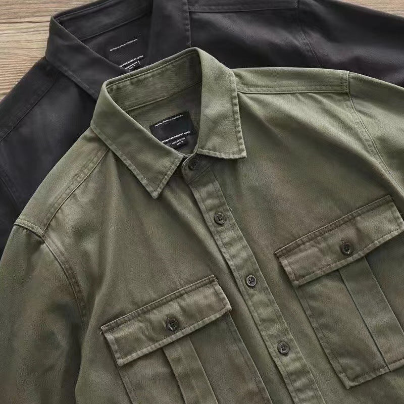 Voguable men’s fashion Shirt Men's New Ins Versatile Casual Shirt Japanese Pure Cotton Loose American Retro Army Green Shirt Jacket voguable