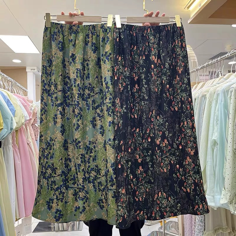 Voguable grunge outfits French Style Retro Tight Loose Waist Floral Skirt Women's Summer New Small High Waist Drape Pleated Split A- line Skirt voguable